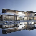 Elegant Modern Sales Office Building Featuring Glass Curtain Wall Water Pool And Reflection 3d model