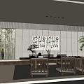 Traditional Chinese Tea House Interior With Wooden Furniture Calligraphy Painting And Green Plants