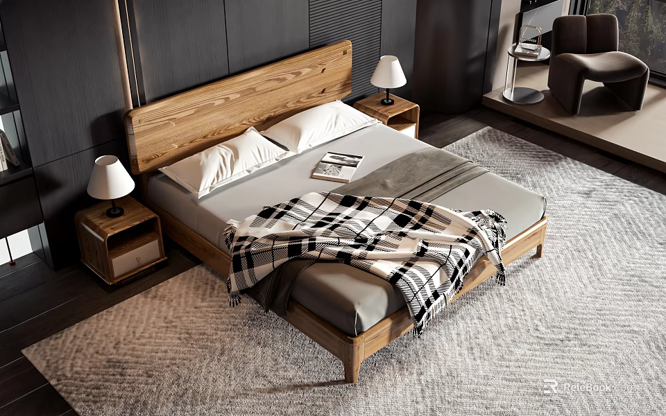 Modern Double Bed With Wooden Headboard Gray Sheets Plaid Blanket Nightstands And Table Lamps 3d model 