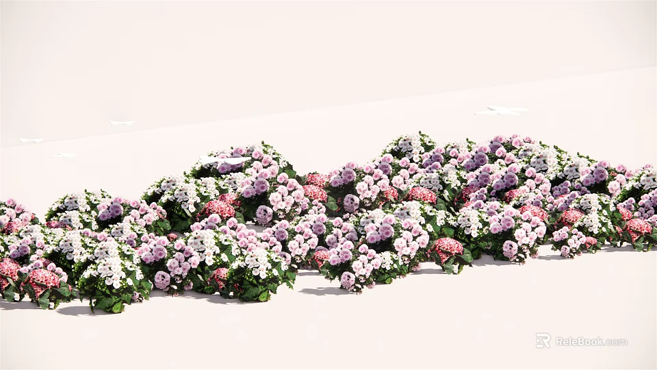 Mixed Purple Pink and White Flowers with Green Leaves in Wavy Arrangement on White Background 3d model 