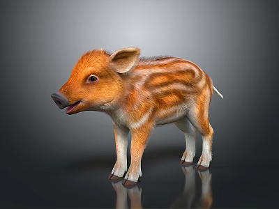 Cute Orange Brown Striped Piglet With White Legs Standing On Reflective Background 3d model