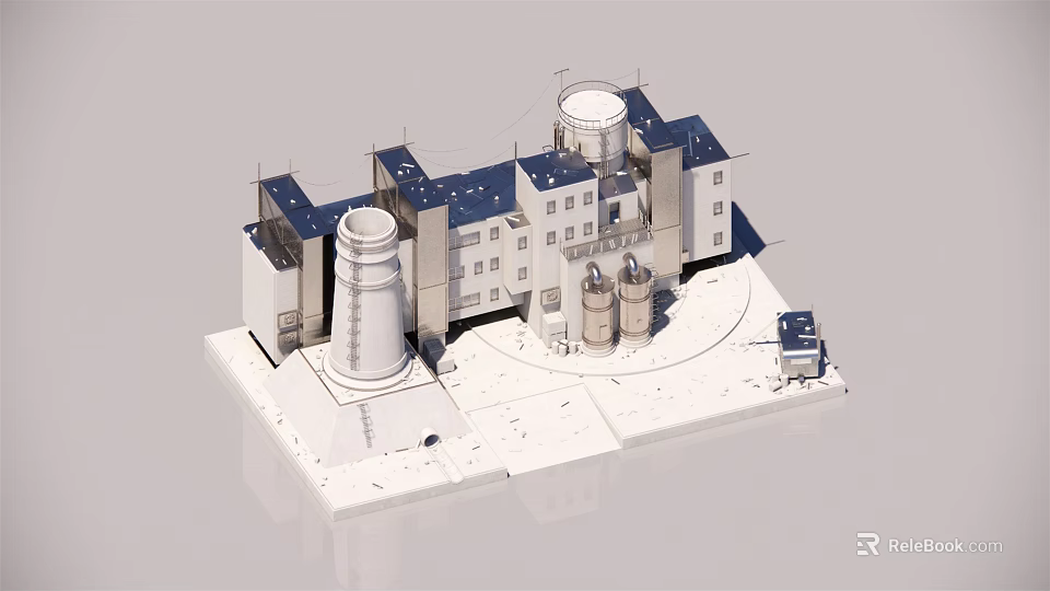 Industrial Building Components Model Featuring Towers Silos and Roof Structures 3d model 