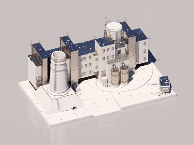 Industrial Building Components Model Featuring Towers Silos and Roof Structures 3d model
