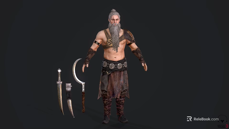 Muscular Game Movie Character With Bald Head Long Beard Bare Torso Ornate Belt And Weapons 3d model 