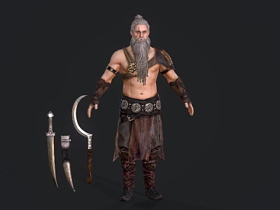 Muscular Game Movie Character With Bald Head Long Beard Bare Torso Ornate Belt And Weapons 3d model