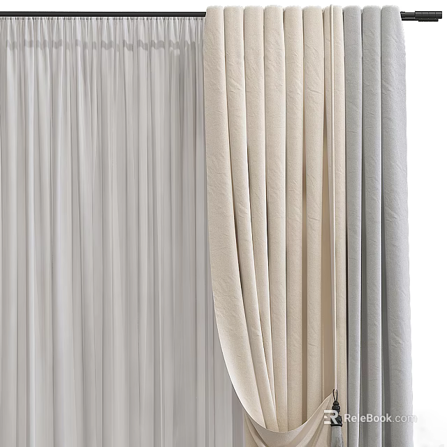 Soft Neutral Tones Curtains With Elegant Fabric For Home Interior Design 3d model 