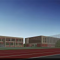 Modern School Building Courtyard Design With Large Windows Green Lawn And Trees