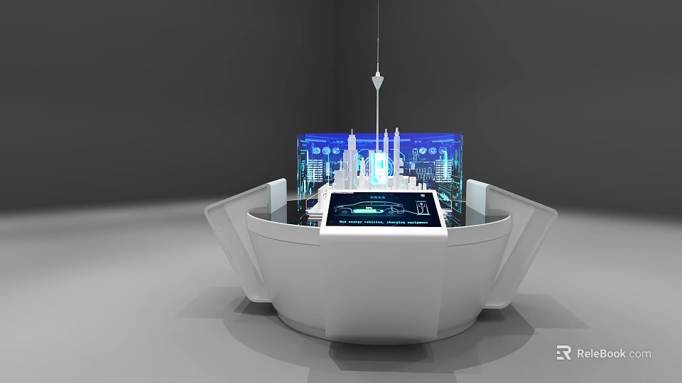Tobacco Liquor Store Modern White Circular Display Stand Digital Screen Blue Holographic Projection 3d model 