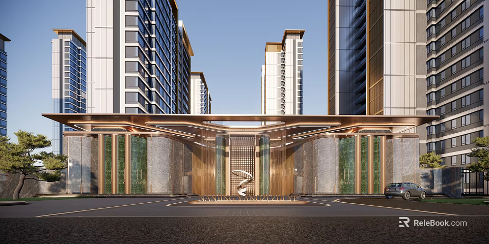 Modern Residential Entrance Design With High Rise Buildings Golden Frame Stone Walls And Driveway 3d model 