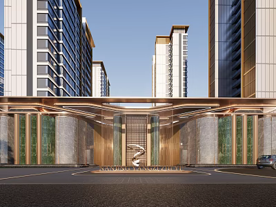 Modern Residential Entrance Design With High Rise Buildings Golden Frame Stone Walls And Driveway 3d model