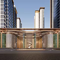 Modern Residential Entrance Design With High Rise Buildings Golden Frame Stone Walls And Driveway
