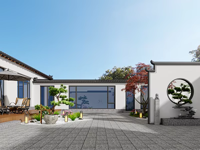 Traditional Chinese Garden Landscape With Courtyard Stone Paving Circular Window And Maple Trees 3d model