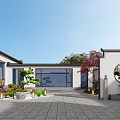 Traditional Chinese Garden Landscape With Courtyard Stone Paving Circular Window And Maple Trees