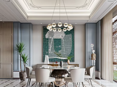 Modern Dining Room With Chandelier Art Wall And Dining Set 3d model