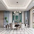 Modern Dining Room With Chandelier Art Wall And Dining Set 3d model