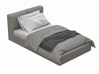 Modern Gray Single Bed With Upholstered Headboard White Pillows Gray Comforter And Dark Blanket 3d model