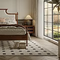 Classic Bedroom Interior Design With Wooden Bed Nightstands Lamps Arched Window And Patterned Rug