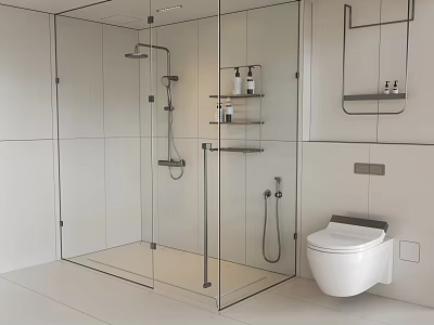 Modern Bathroom Interior With Glass Shower Enclosure White Tiles And Wall Mounted Toilet 3d model