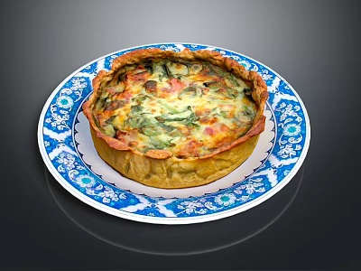 Golden Crust Spinach And Cheese Quiche On Blue White Patterned Plate 3d model