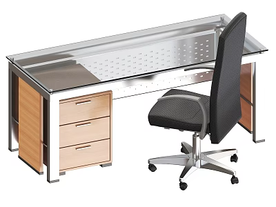 Modern Office Desk With Glass Top Surface Wooden Drawers And Black Office Chair 3d model