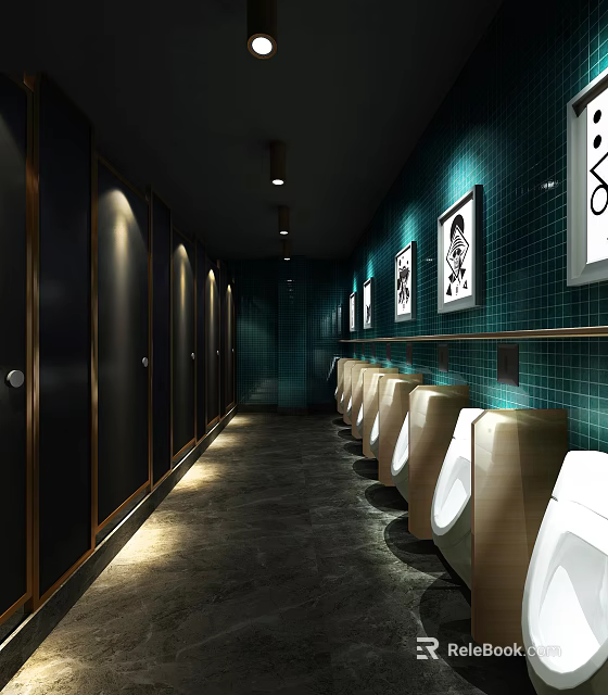 Modern Public Restroom with Teal Tiled Walls Urinals and Decorative Wall Art 3d model 