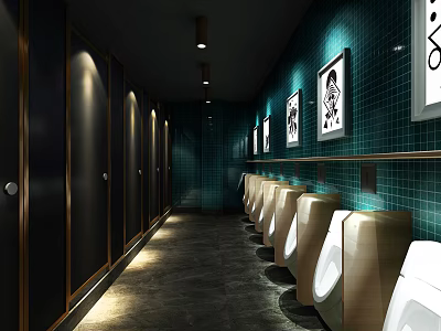Modern Public Restroom with Teal Tiled Walls Urinals and Decorative Wall Art 3d model