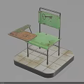 Vintage Green Chair with Small Attached Desk Key Design on Backrest and White Tiled Base