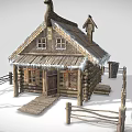 Traditional European Log Architecture Featuring Gabled Roof Snow Covered Icicles Wooden Fence And Decorative Windows