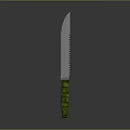 Tactical Silver Serrated Blade Weapon With Green Striped Handle Design