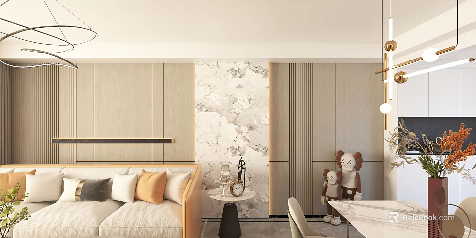 Modern Living Room Interior Design With Beige Sofa Throw Pillows Marble Accent Wall And Cabinets 3d model 