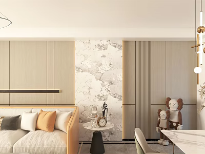 Modern Living Room Interior Design With Beige Sofa Throw Pillows Marble Accent Wall And Cabinets 3d model