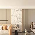 Modern Living Room Interior Design With Beige Sofa Throw Pillows Marble Accent Wall And Cabinets