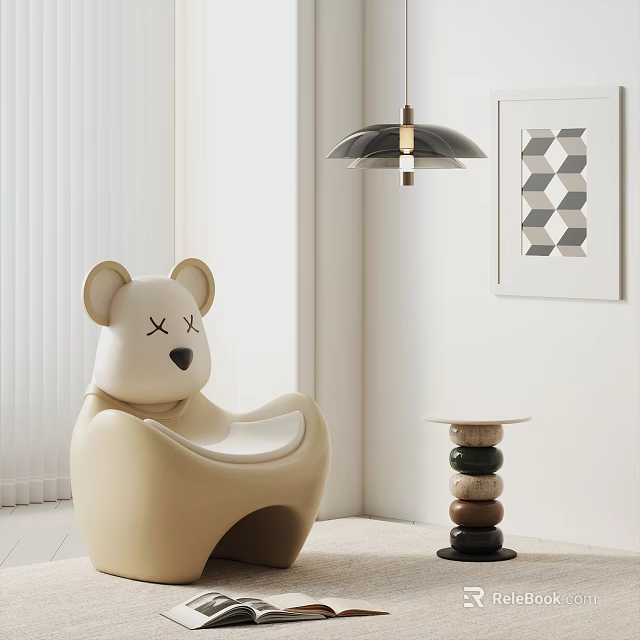 Beige Bear Shaped Comfortable Lounge Chair with Small Side Table and Artwork in Modern Interior 3d model 