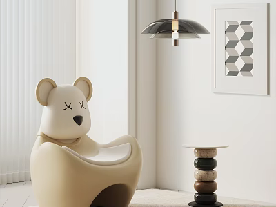 Beige Bear Shaped Comfortable Lounge Chair with Small Side Table and Artwork in Modern Interior 3d model