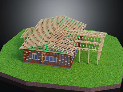 Wooden House Construction Frame Structure With Roof Truss And Windows On Green Grass 3d model