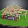 Wooden House Construction Frame Structure With Roof Truss And Windows On Green Grass