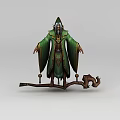 Realistic Inflatable Wizard Character With Green Robe Pointed Hat And Wooden Branch Base