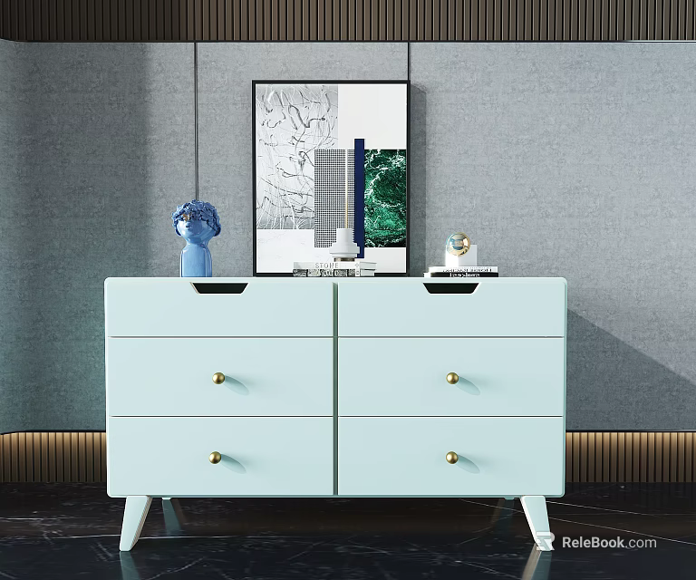 Light Blue Entryway Console Table With Gold Handles And Decorative Items On Gray Wall 3d model
