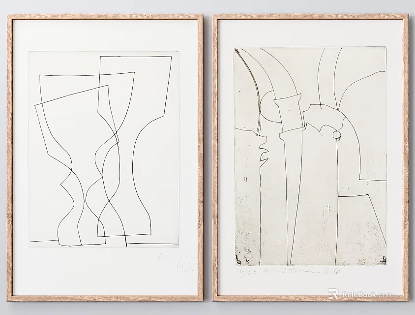 Abstract Paintings With Linear Black White Compositions In Framed Minimalist Design 3d model 