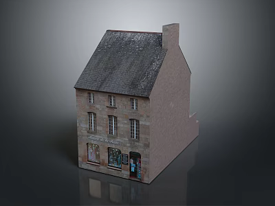 Two Story Brick Building With Gray Roof Ground Floor Shop Windows And Door 3d model