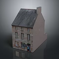 Two Story Brick Building With Gray Roof Ground Floor Shop Windows And Door