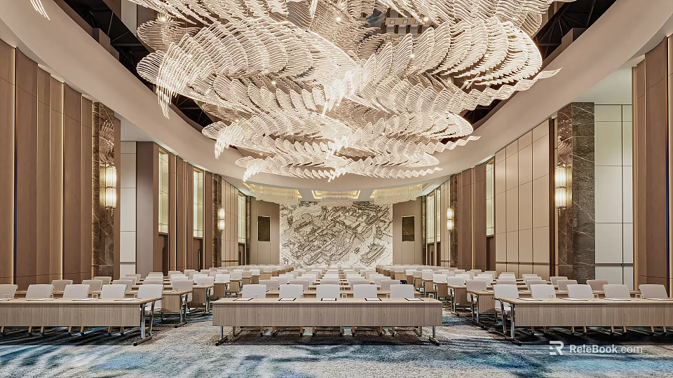 Luxurious Ballroom Interior With Crystal Chandelier And Formal Table Seating Arrangement 3d model 