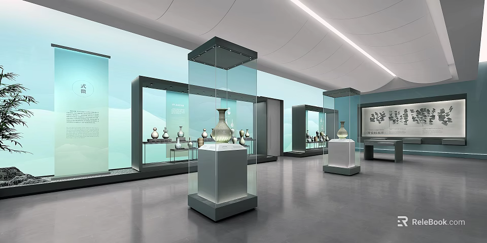 Modern Exhibition Hall Interior Design With Glass Display Cases And Cultural Relics On Pedestals 3d model 