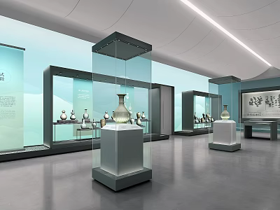 Modern Exhibition Hall Interior Design With Glass Display Cases And Cultural Relics On Pedestals 3d model