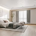 Modern Minimalist Bedroom With Bed Artwork Green Plant And Curtains