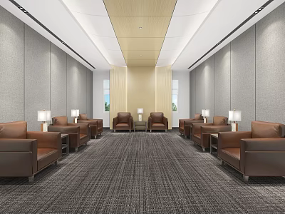 Elegant Hotel Public Lounge With Brown Leather Sofas Table Lamps Gray Walls And Wooden Ceiling 3d model