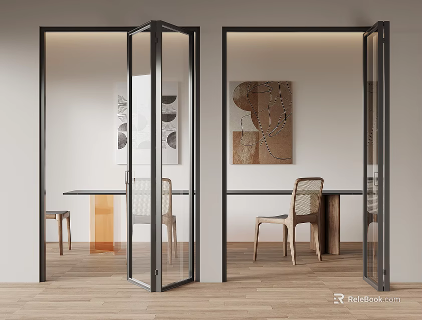 Modern Glass Folding Doors with Black Frames in Elegant Interior and Wooden Flooring 3d model 