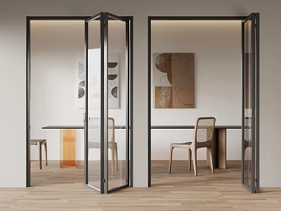 Modern Glass Folding Doors with Black Frames in Elegant Interior and Wooden Flooring 3d model