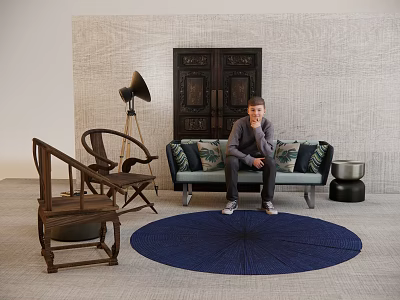 Modern Sofa And Coffee Table Set With Blue Rug Wooden Chairs And Floor Lamp 3d model