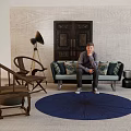 Modern Sofa And Coffee Table Set With Blue Rug Wooden Chairs And Floor Lamp